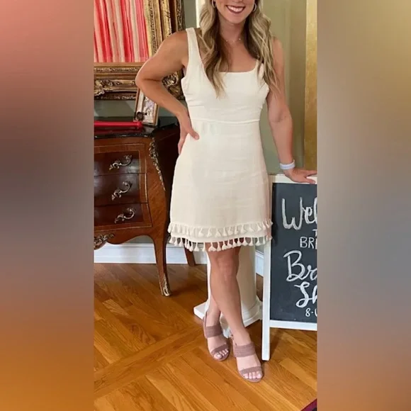 Chic Beige Cream Linen Pom Pom Women’s Midi Dress Lulu’s Boho Large - Picture 15 of 16